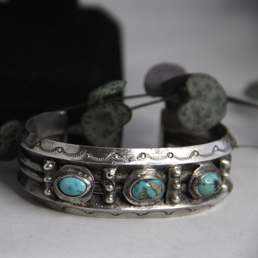 Vintage Sterling Silver Turquoise Cuff Bracelet Navajo Style Stamped 5.5 Inch